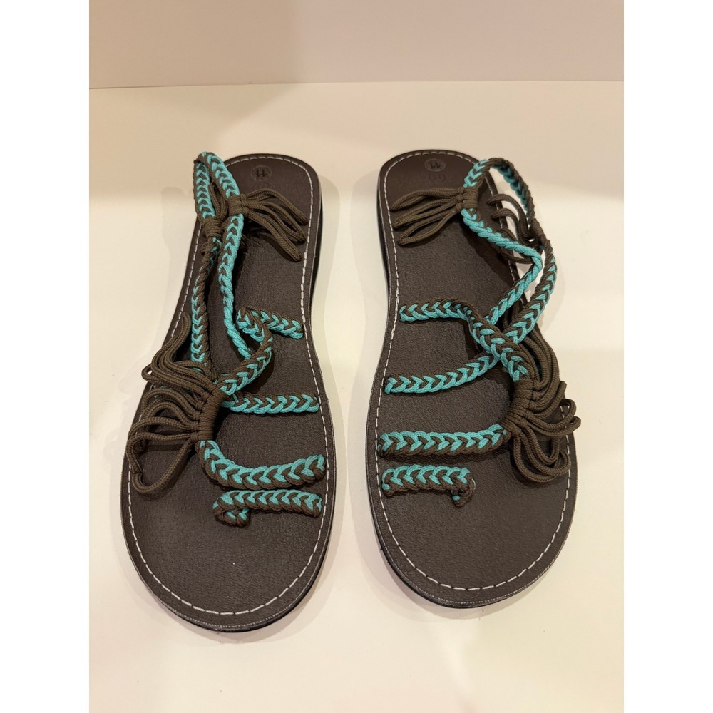 Womens Brown Teal Rope Strappy Flat Sandals‎ Size 11